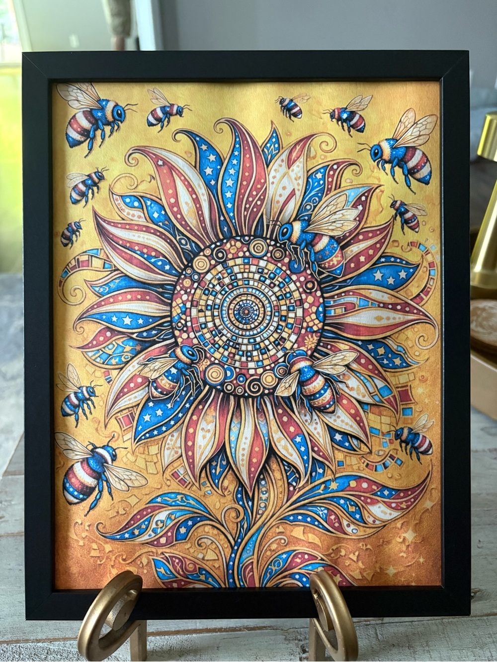 Vibrant Patriotic Blue & Gold Sunflower Bee Art Print - Framed 8x10 Home Accent